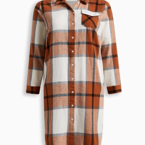 Torrid size 4 (26W) Plaid Brown Cotton Long Line Shacket - Picture 2 of 10